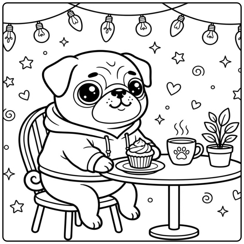 Cozy Pug at Table with a Drink coloring page