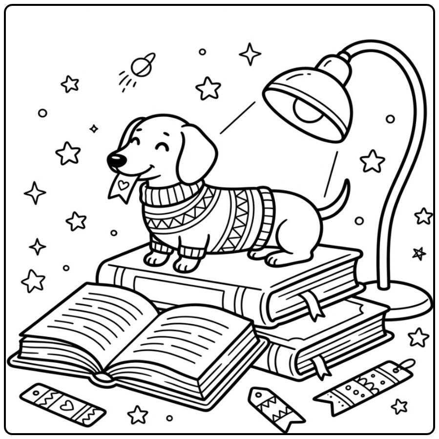 Cozy Dachshund Reading Under a Bright Lamp coloring page