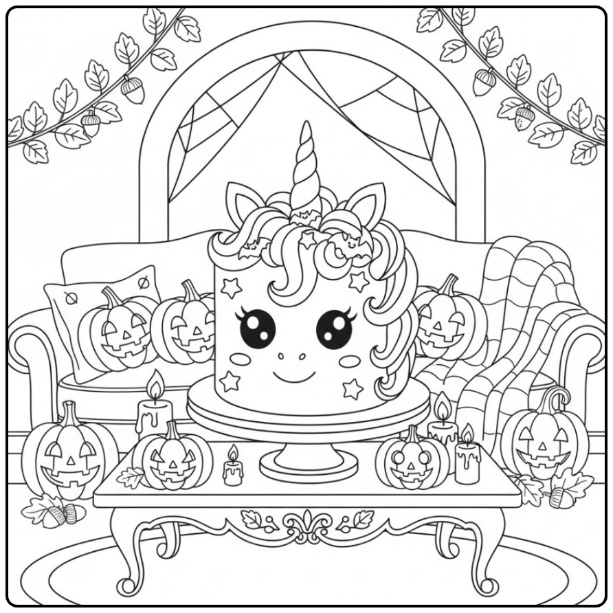Cozy Unicorn Halloween Cake in a Scary Room coloring page