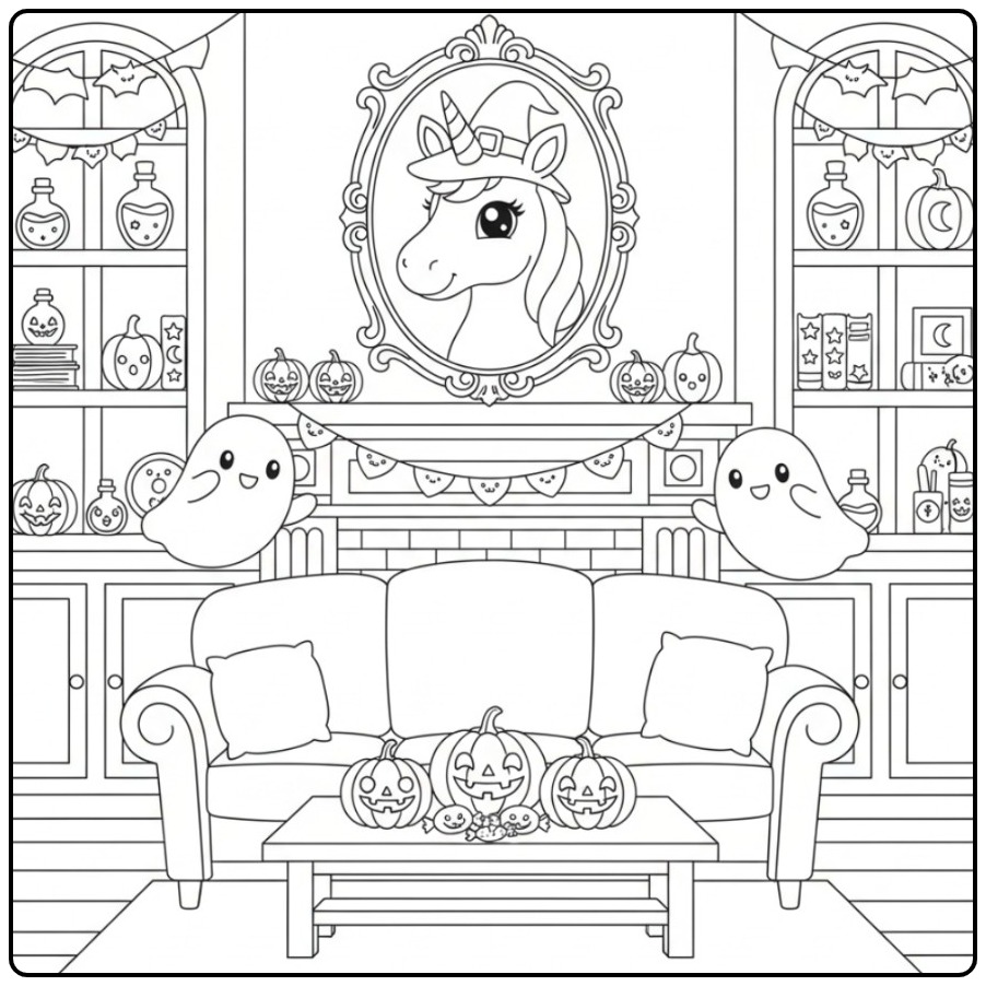 Cozy Unicorn Head Halloween in the Living Room coloring page