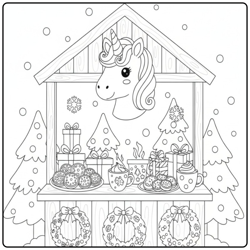 Cozy Unicorn Head Christmas with Gifts coloring page