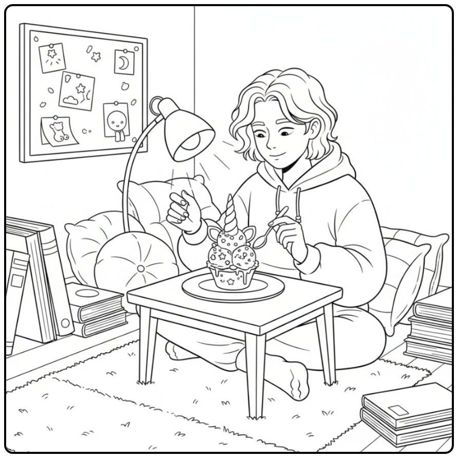 Cozy Unicorn Ice Cream of Someone Feasting at Home coloring page