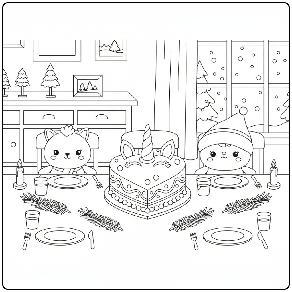 Cozy Unicorn Christmas Cake for the Holidays coloring page