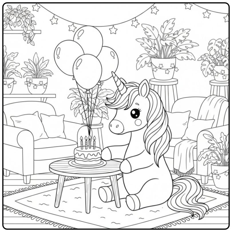 Cozy Unicorn Birthday in a Beautiful Room coloring page