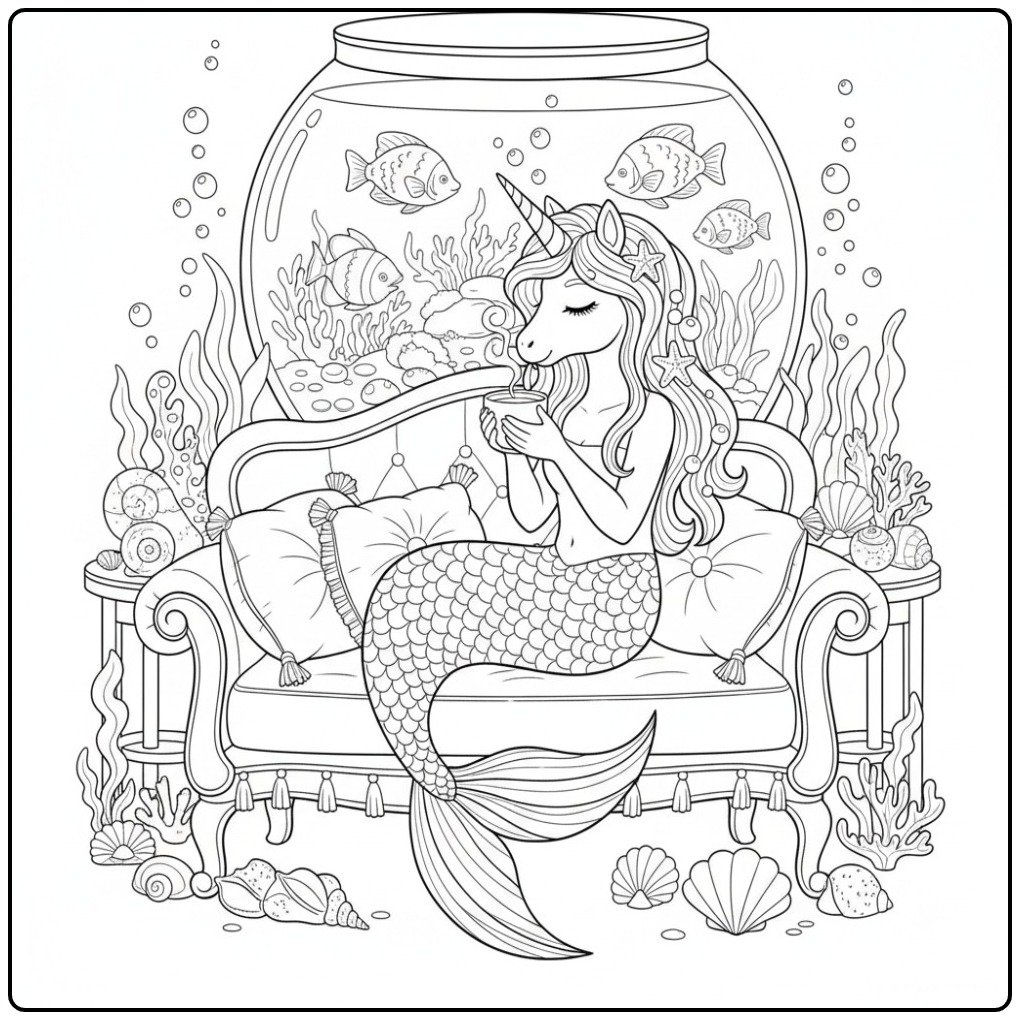 Cozy Unicorn Mermaid Tea Drinking coloring page