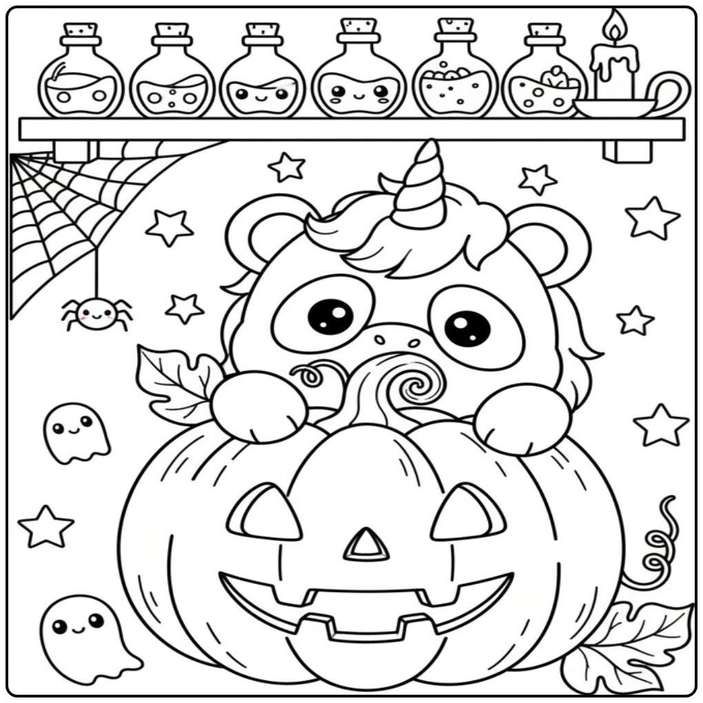 Cozy Unicornpanda Halloween with Little Ghosts coloring page