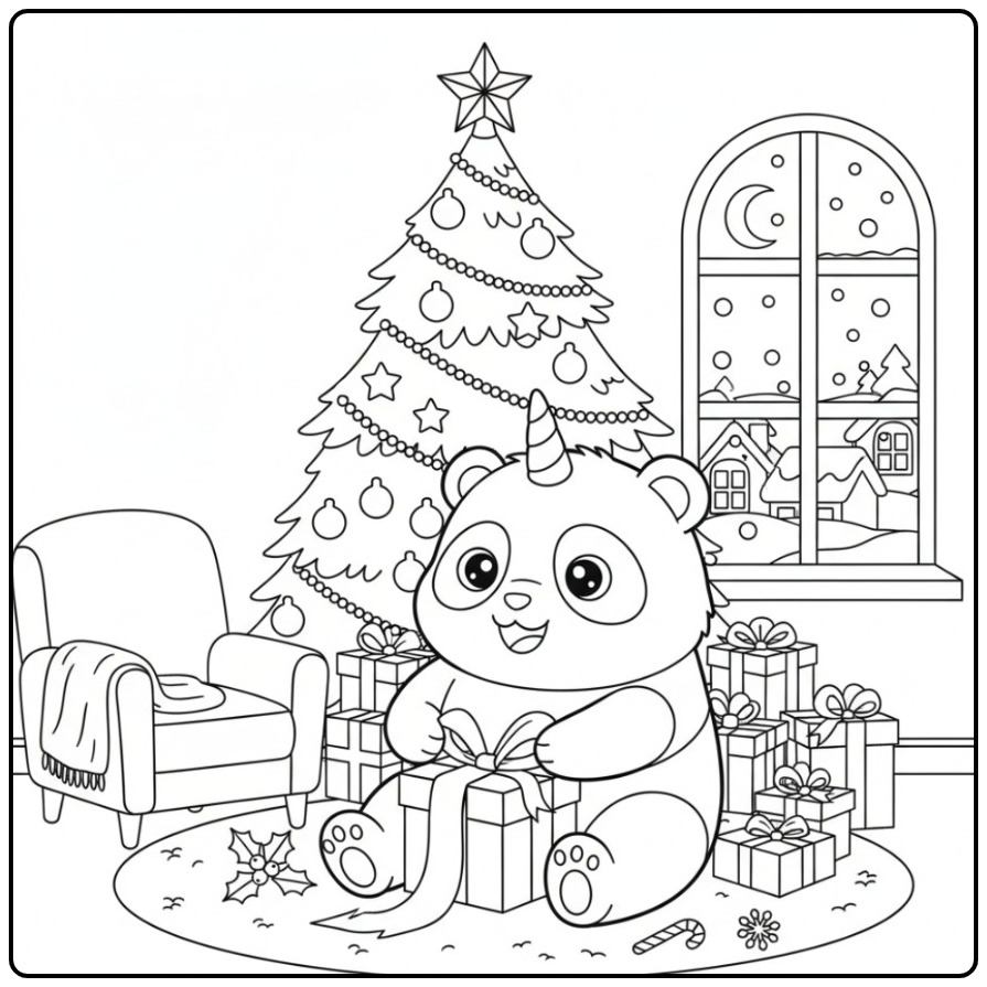 Cozy Unicornpanda Christmas Gifts Unwrapping coloring page