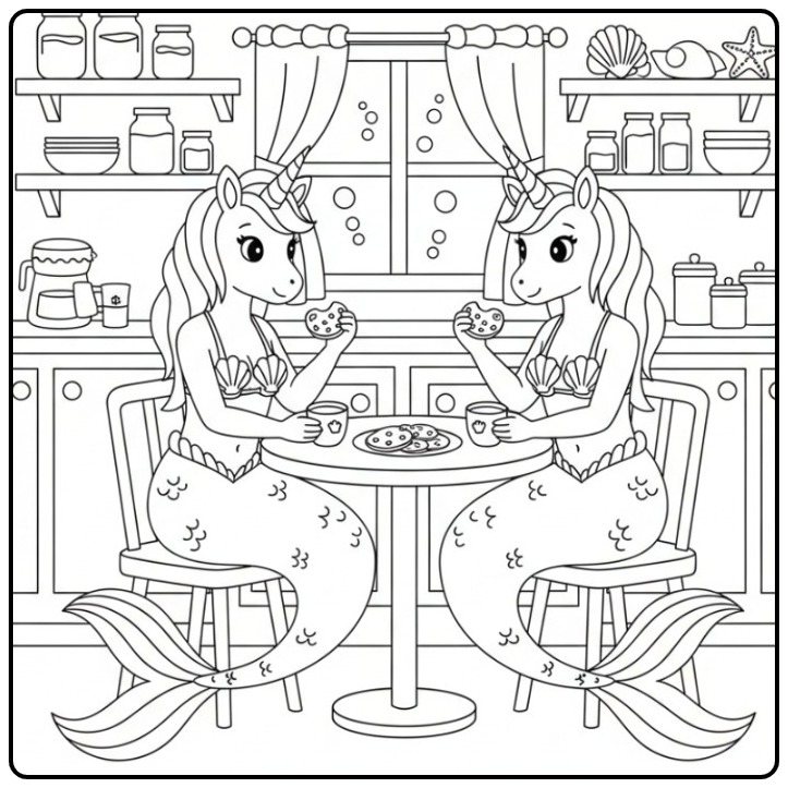 Cozy Cookie Break Unicorn Mermaid coloring page