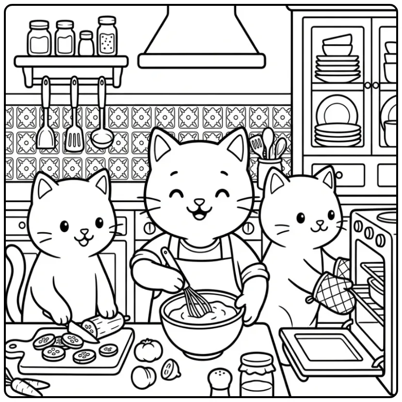 Adult cats coloring page cooking together