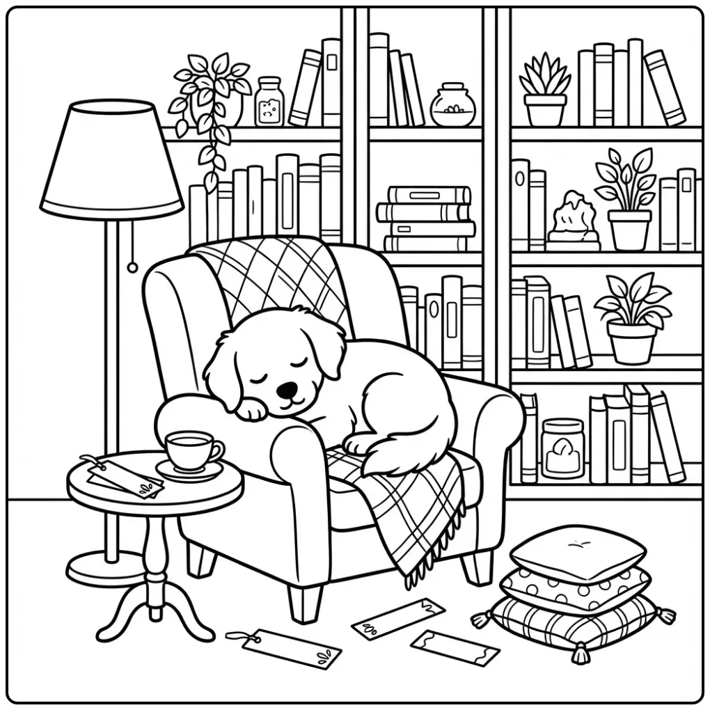 Frisian Stabyhoun Sleeping in a Reading Corner coloring page