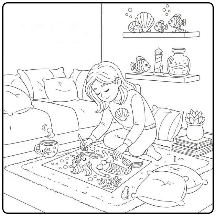 Cozy Afternoon with a Unicorn Mermaid coloring page