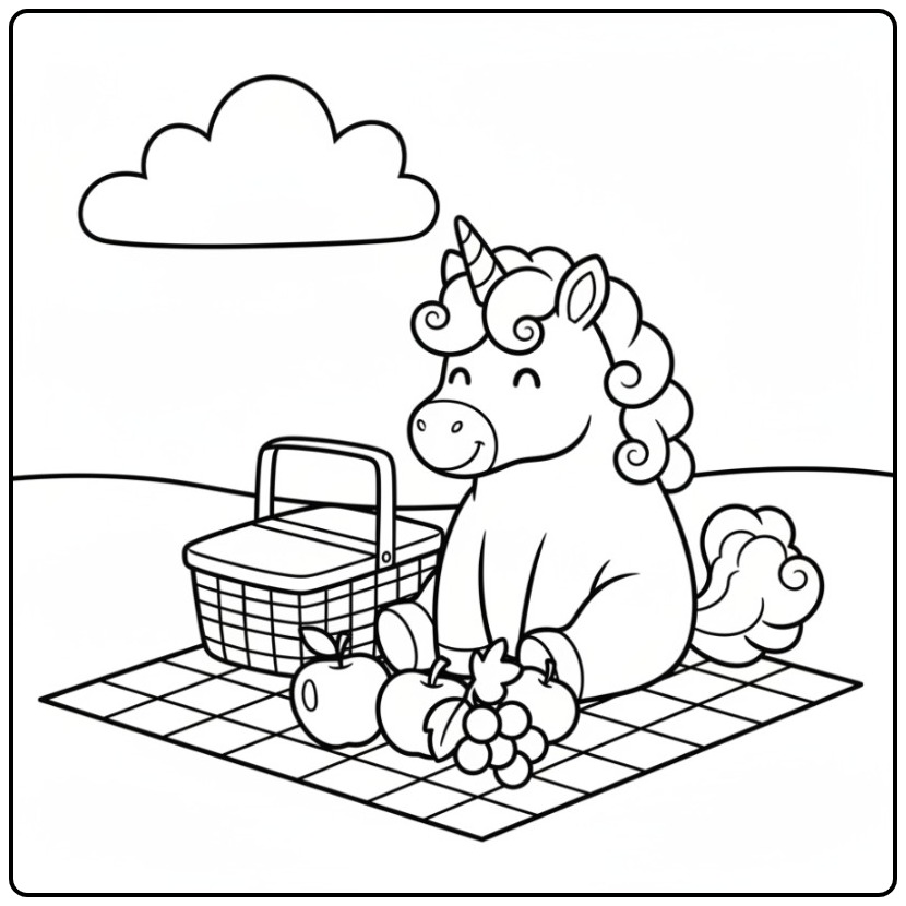 Cozy Picnic Unicorn Cute in the Grass coloring page