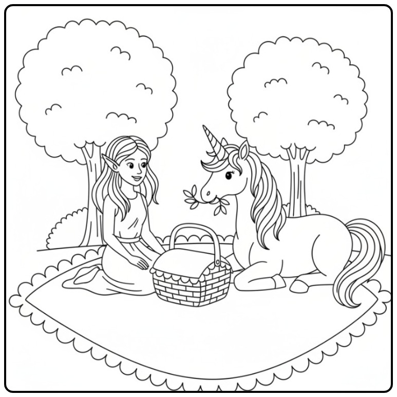 Cozy Picnic Fairy and Unicorn in the Forest coloring page