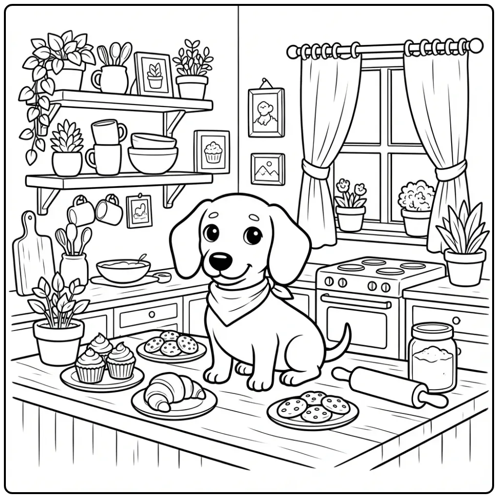 Cozy Puppy Bakery Theme for Adults coloring page