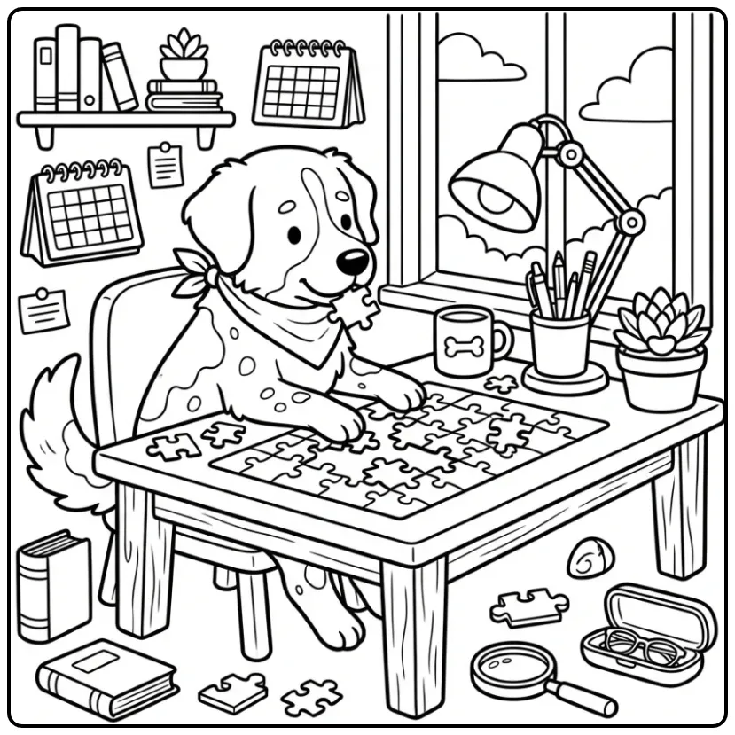 Stabyhoun Helping with a Jigsaw Puzzle coloring page
