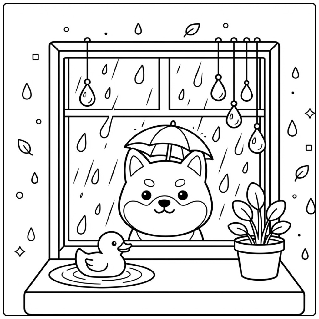 Shiba Inu Dog Head Watching the Rain coloring page