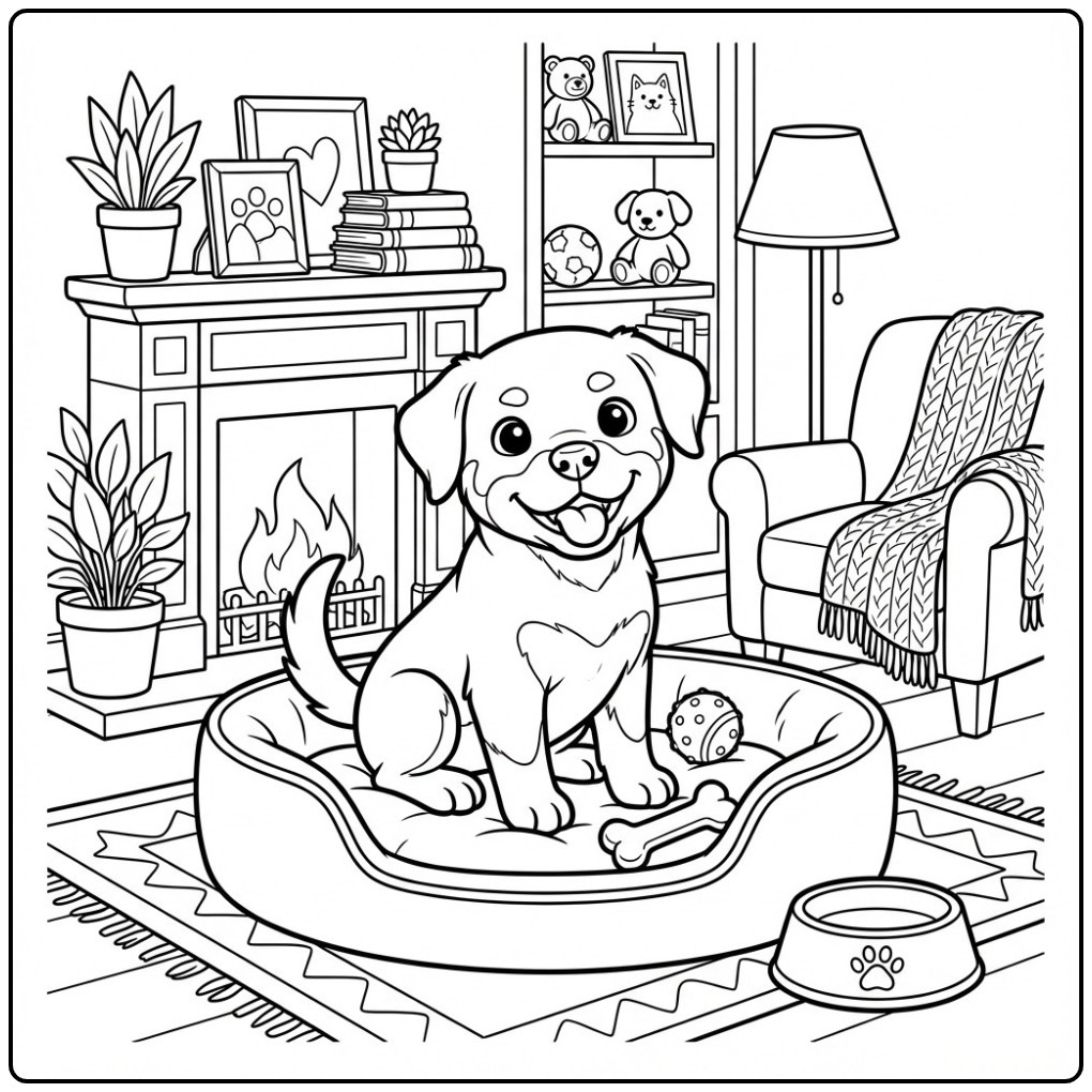 Happy Rottweiler Puppy Resting in a Basket coloring page