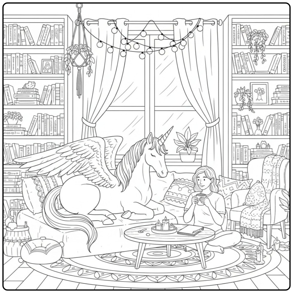 Cozy Scene Unicorn with Wings in House coloring page