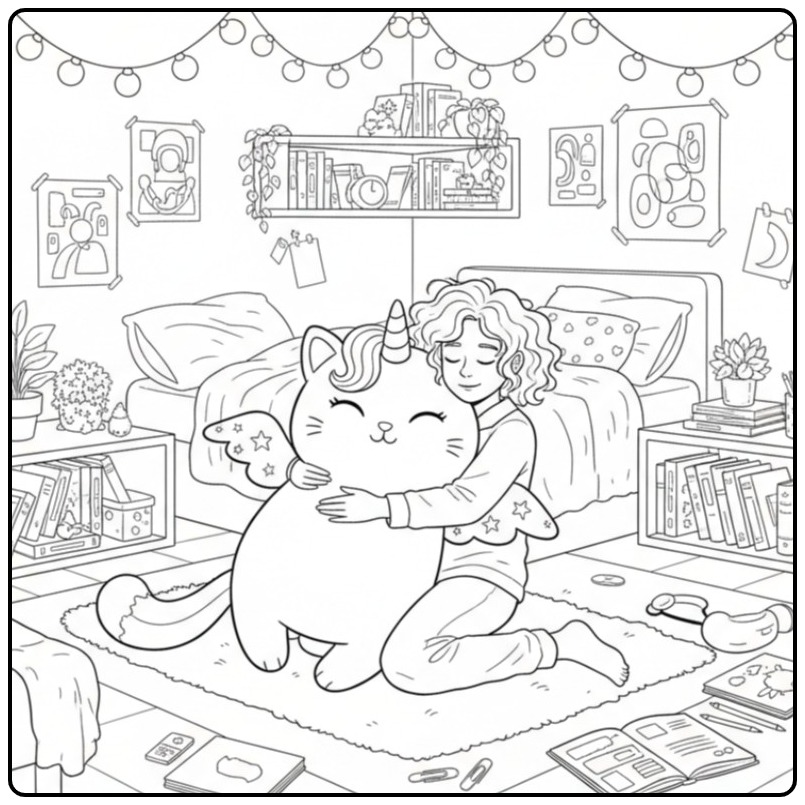 Cozy Bedroom with a Magical Unicorn Cat coloring page