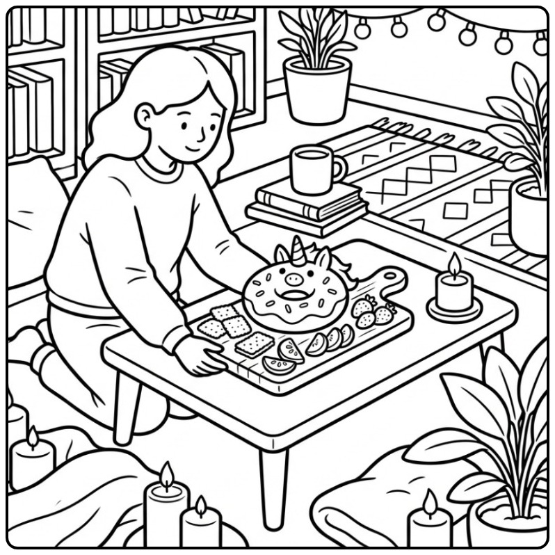 Cozy Snack Time with a Donut Unicorn coloring page