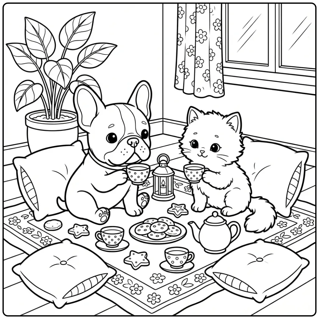 French Bulldog Puppy and Kitten Having a Tea Party coloring page