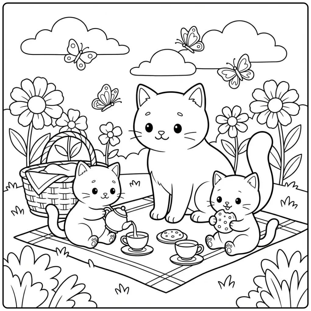 Easy Cats coloring page with a garden tea party