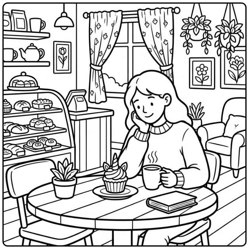 Cozy Unicorn Cupcake in a Cafe coloring page