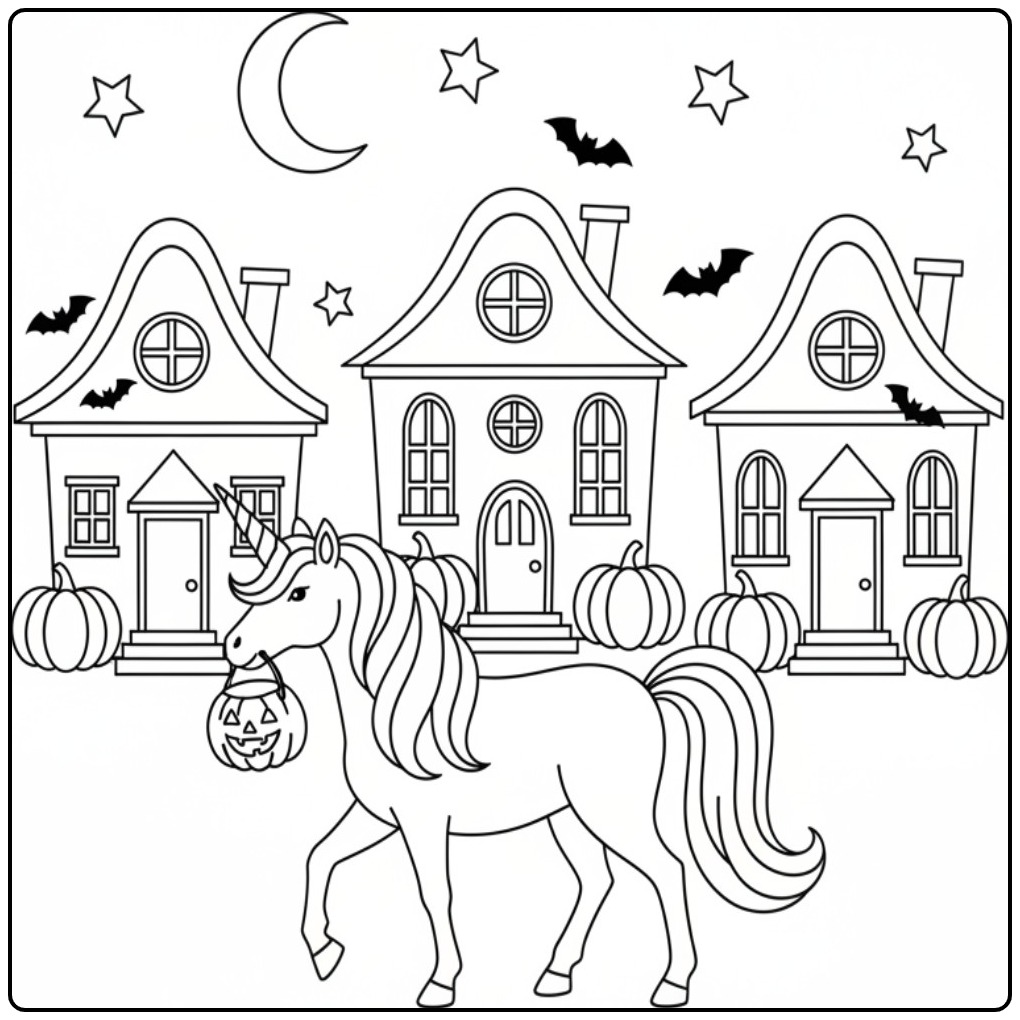 Cozy Unicorn Halloween in a Spookstad coloring page