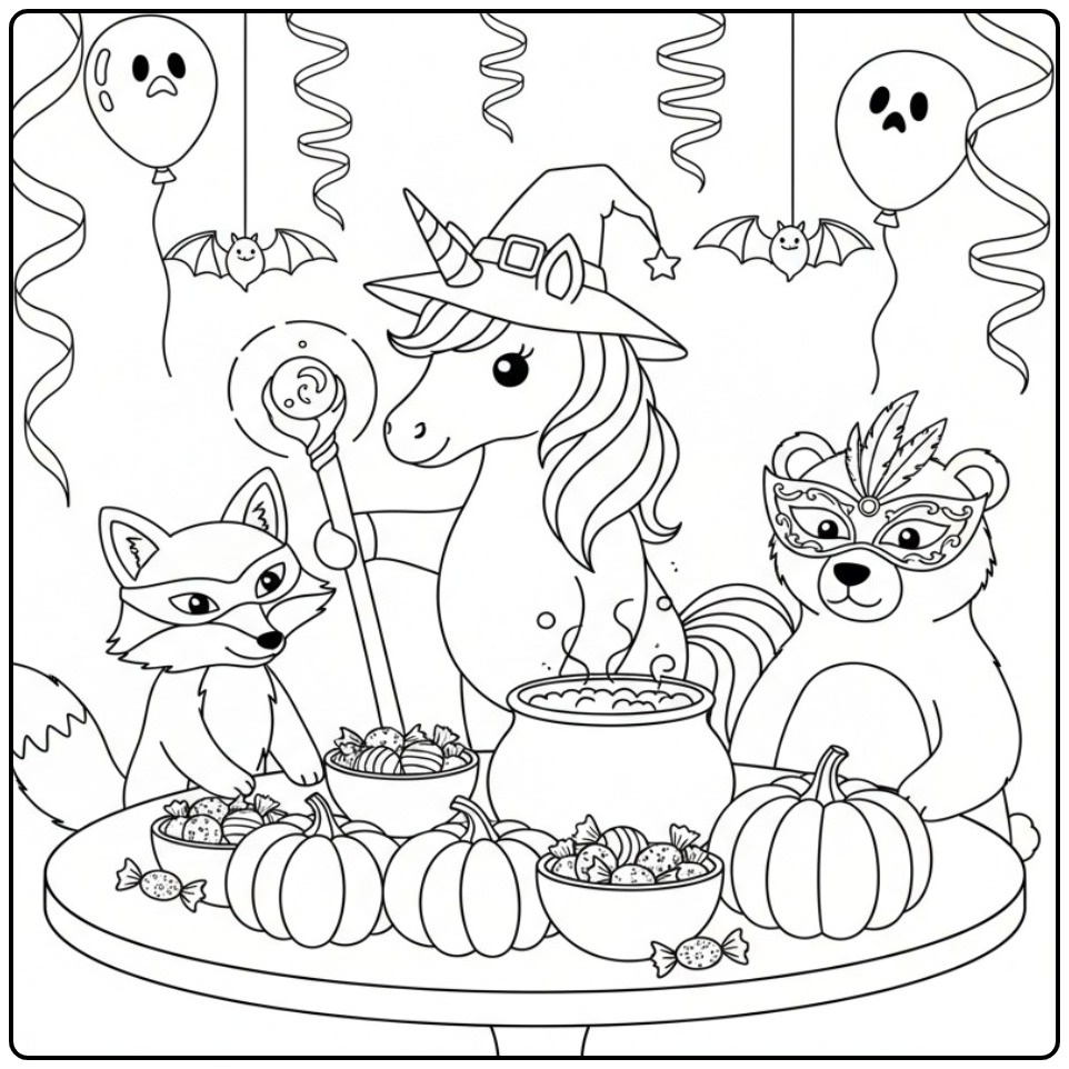 Cozy Halloween a Witches Unicorn coloring page