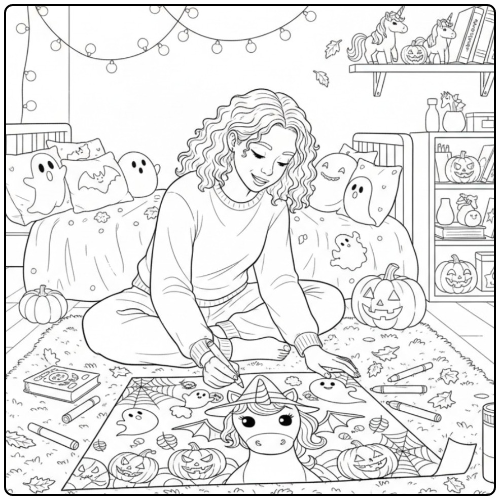 Cozy Unicorn Halloween Pumpkins and Ghosts coloring page