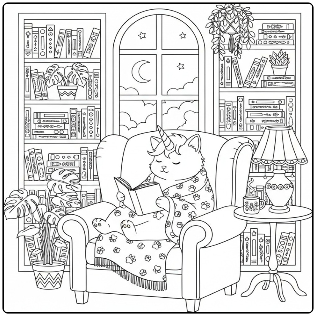 Unicorn Cat in a Cozy Library coloring page