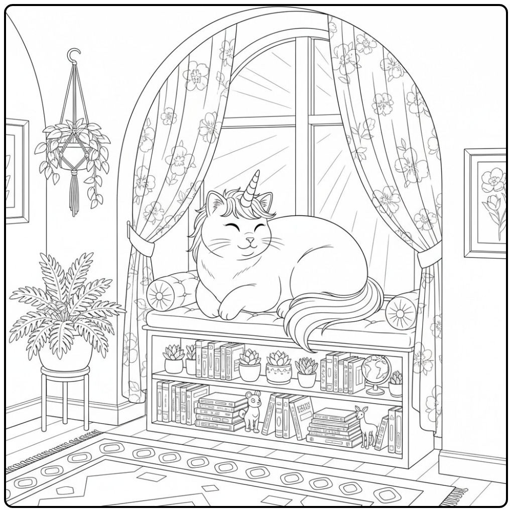Cozy Unicorn Cat in a Reading Nook coloring page