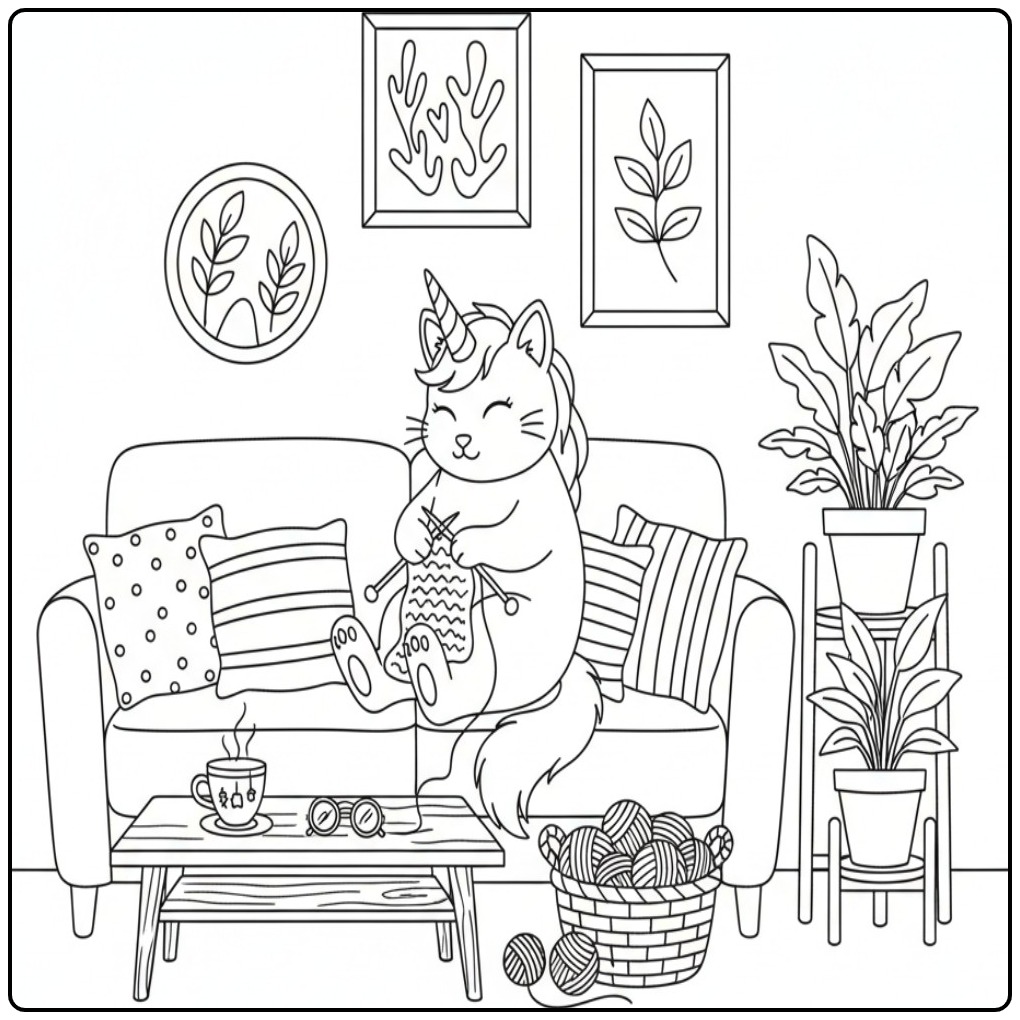 Cozy Unicorn Cat Home coloring page