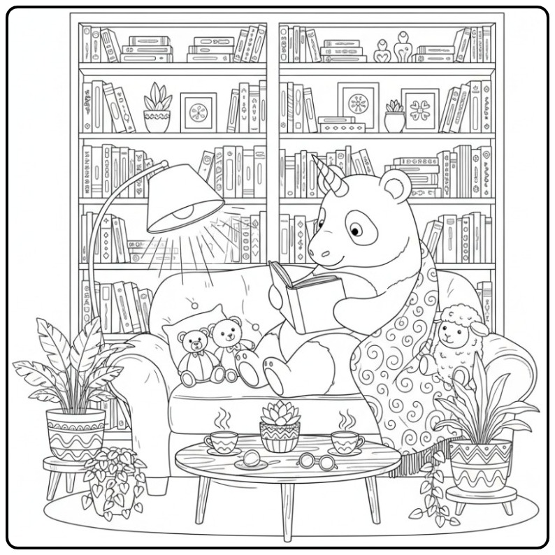Unicorn Panda in a Cozy Library coloring page