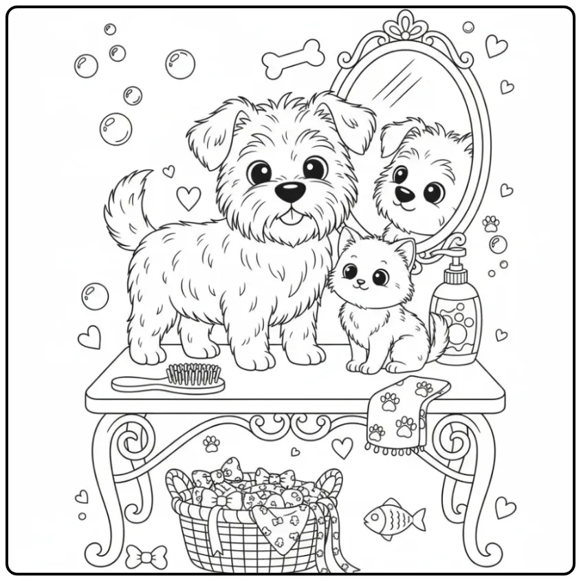 Hollandse Smoushond and Kitten in a Grooming Salon coloring page
