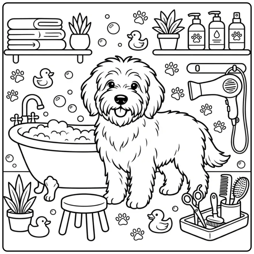 Schapendoes on Grooming Day coloring page