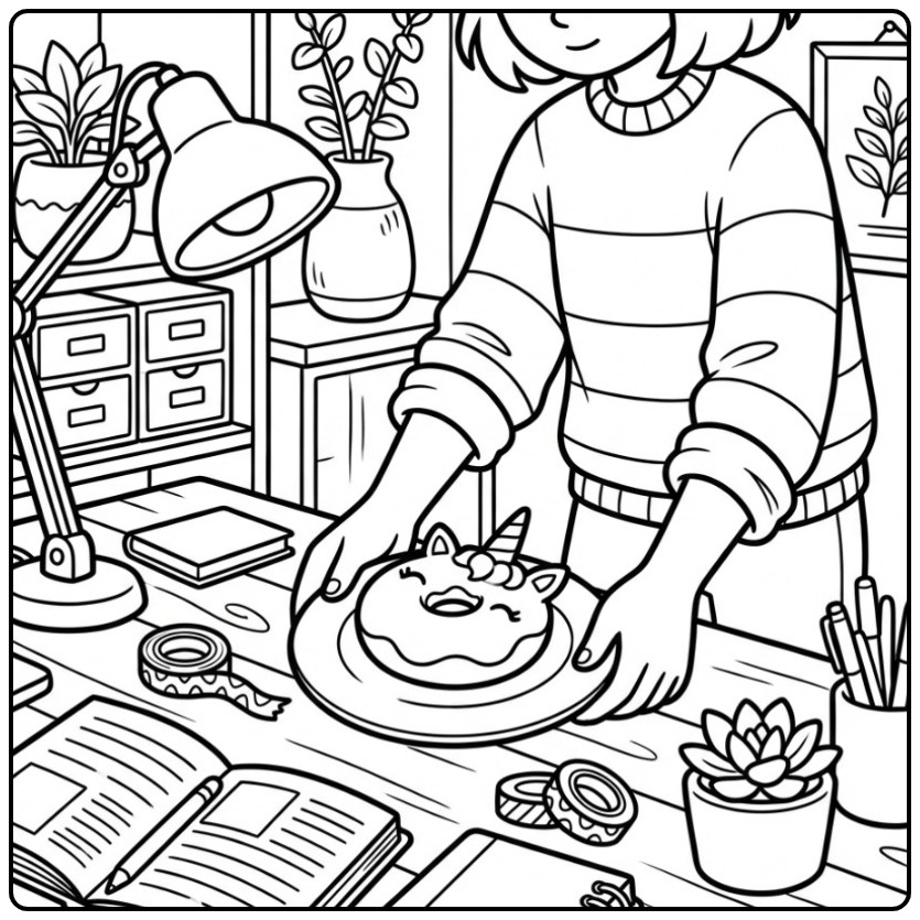 Cozy Workspace with a Donut Unicorn Treat coloring page