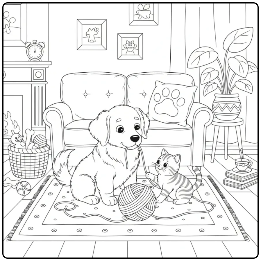 Kooikerhondje Puppy and Kitten Playing with Yarn coloring page