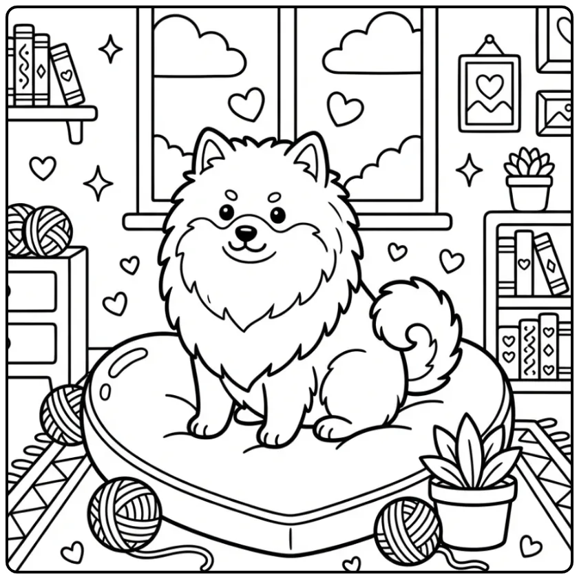 Keeshond Sitting on a Heart-Shaped Pillow coloring page