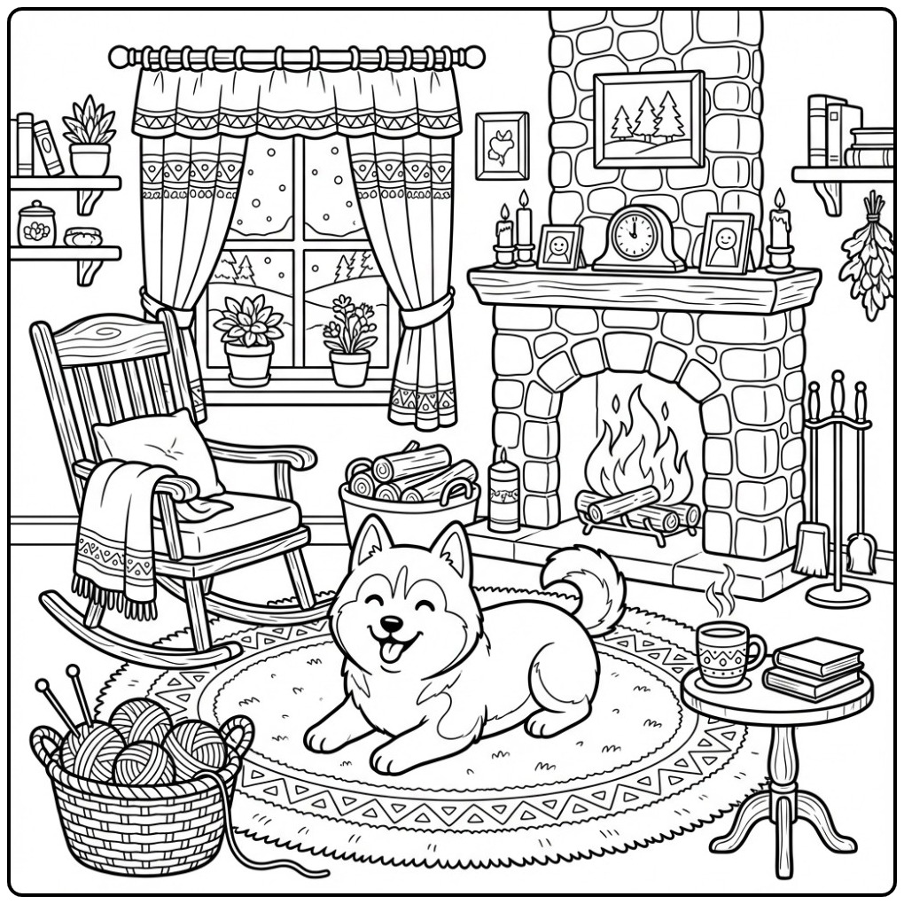Husky Resting by the Fireplace coloring page