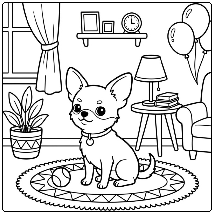 Cozy Living Room Scene with a Chihuahua coloring page