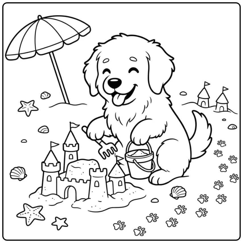 Detailed Golden Retriever Puppy with Sandcastle coloring page