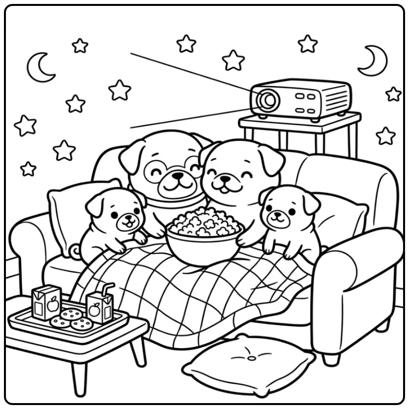 Pug and Puppies Having a Movie Night coloring page