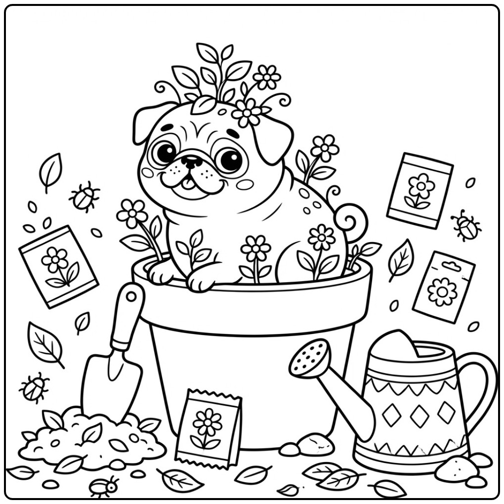 Funny Pug as Plant in a Pot for Spring coloring page