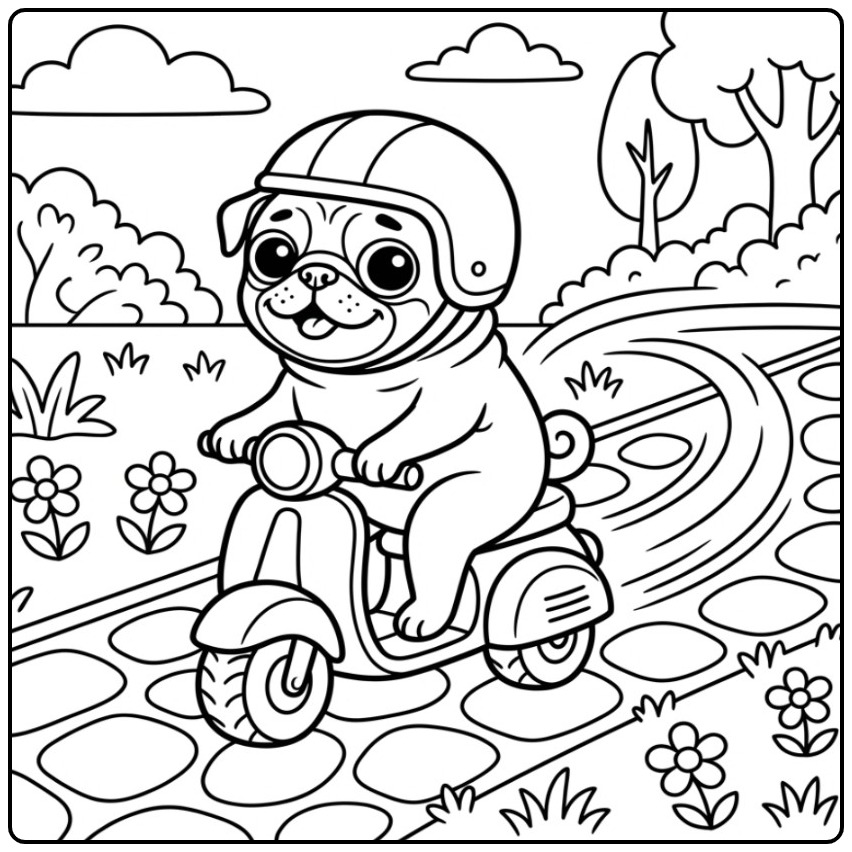 Funny Pug with a Helmet on the Scooter coloring page