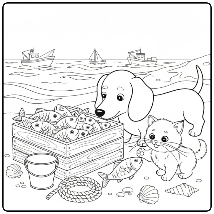 Dachshund and Kitten at a Fish Market coloring page