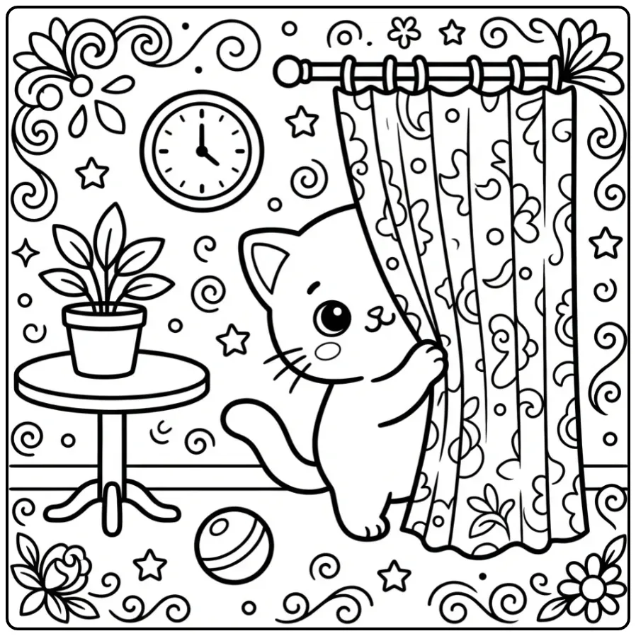 Easy Cat coloring page behind a curtain