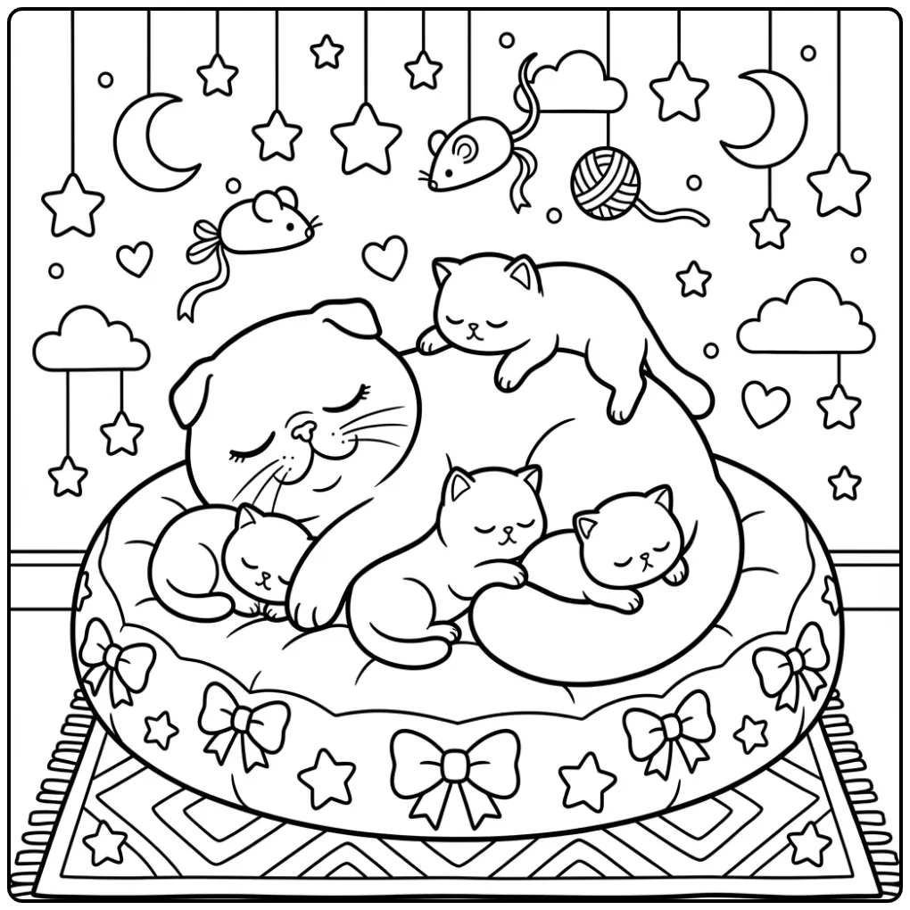 Mother Cat Sleeping with Her Kittens coloring page