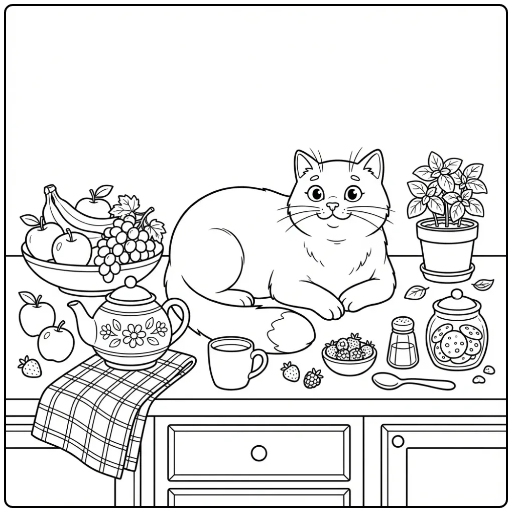 Cat coloring page on a counter near fruit