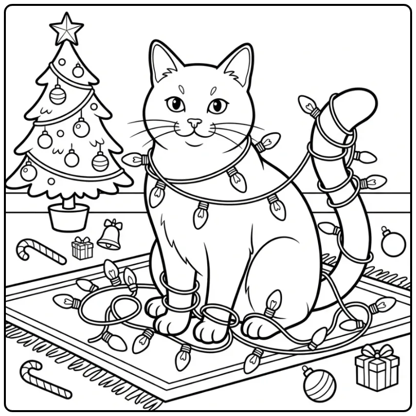 Christmas Cat coloring page tangled in Christmas lights